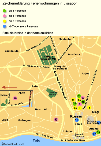 Grafik Lissabon mit Lage Ferienwohnungen